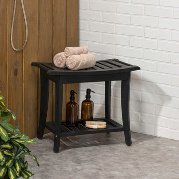 Tucker 22.1" Traditional Classic Slatted Solid Acacia Wood Indoor/Outdoor Shower Bench with Shelf and Handle